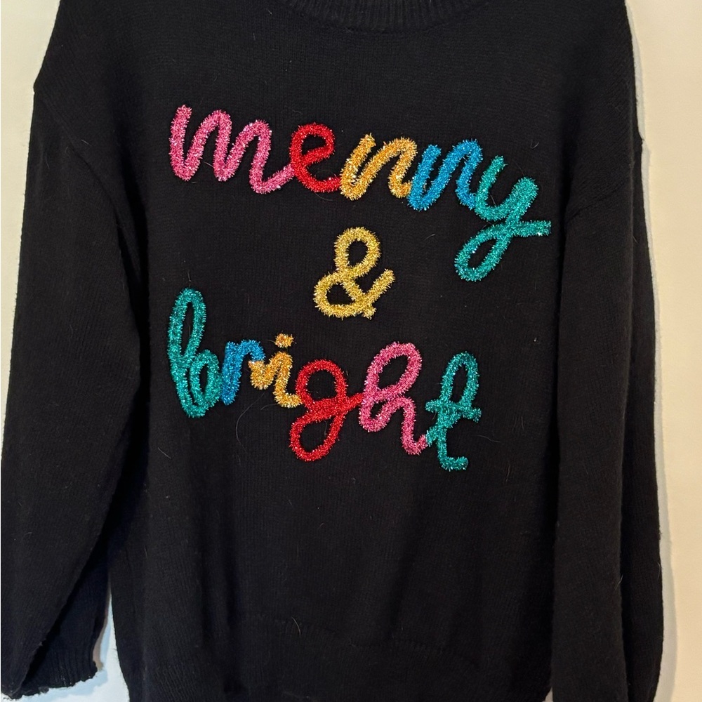 BiBi Black Sweater with Multicolor Tinsel 'merry & bright' Script